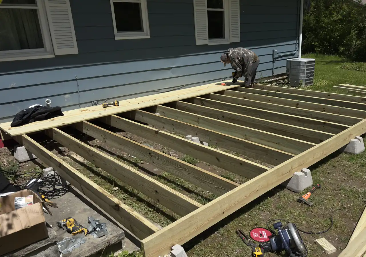Deck frame squared and blocked, ready for decking boards.